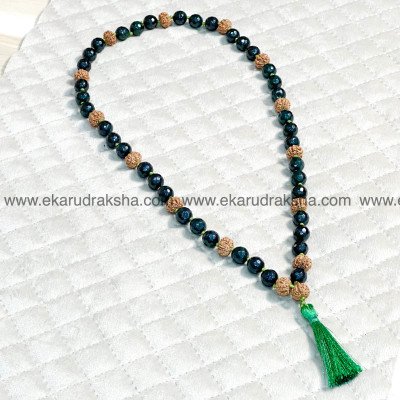 6 Mukhi rudraksha green diamond cut jade mala necklace Lab Certified Lord Murugan Good luck Peace