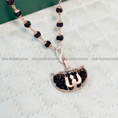 Black Ek mukhi Rudraksha with small 5 mukhi rudraksha 54 in copper trishul design necklace kaal Bhairav Shiva Mahadev Bhakt protection spiritual growth Mala