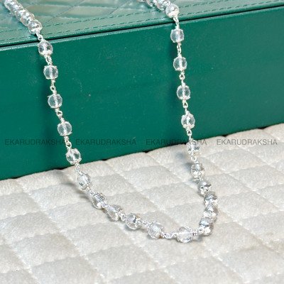 Sphatika Diamond Cut Pure Silver Necklace Mala 54 beads 7 mm pure Indian Quartz Crystal anger control positivity malai