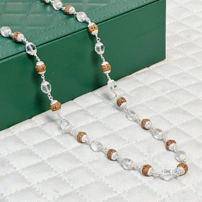 Rudraksha Sphatika Silver chain 5 mukhi diamond cut crystal quartz necklace 54 beads mala calm mind balanced life