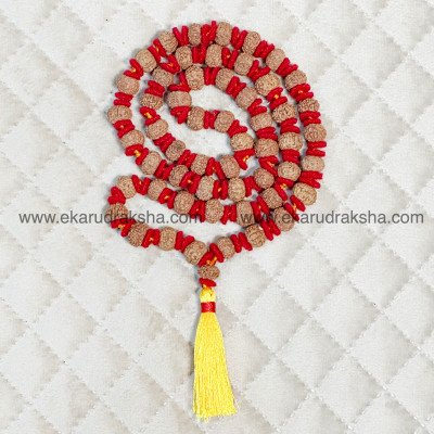 7 Mukhi Rudraksha Kanthi Mala 54 red woolen spacers Lab Certified indonesia Maa Laxmi financial prosperity Saturn sade sati relief necklace