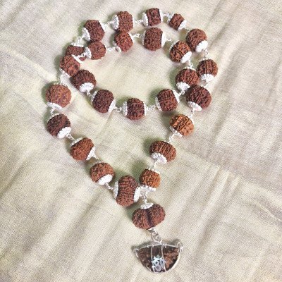 Nepali Siddha Mala Silver kantha - 1 to 14 Mukhi Rudraksha with Gaurishanker & Ganesha combination