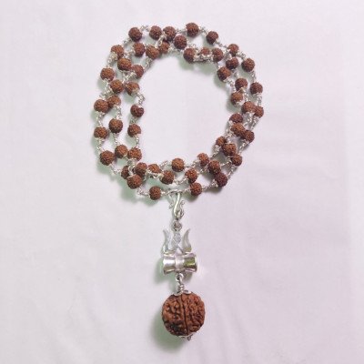 Panchmukhi 5 face Rudraksha Pure Silver chain Shiva Trident tirshul damru design necklace 54 beads Lab certified Mala